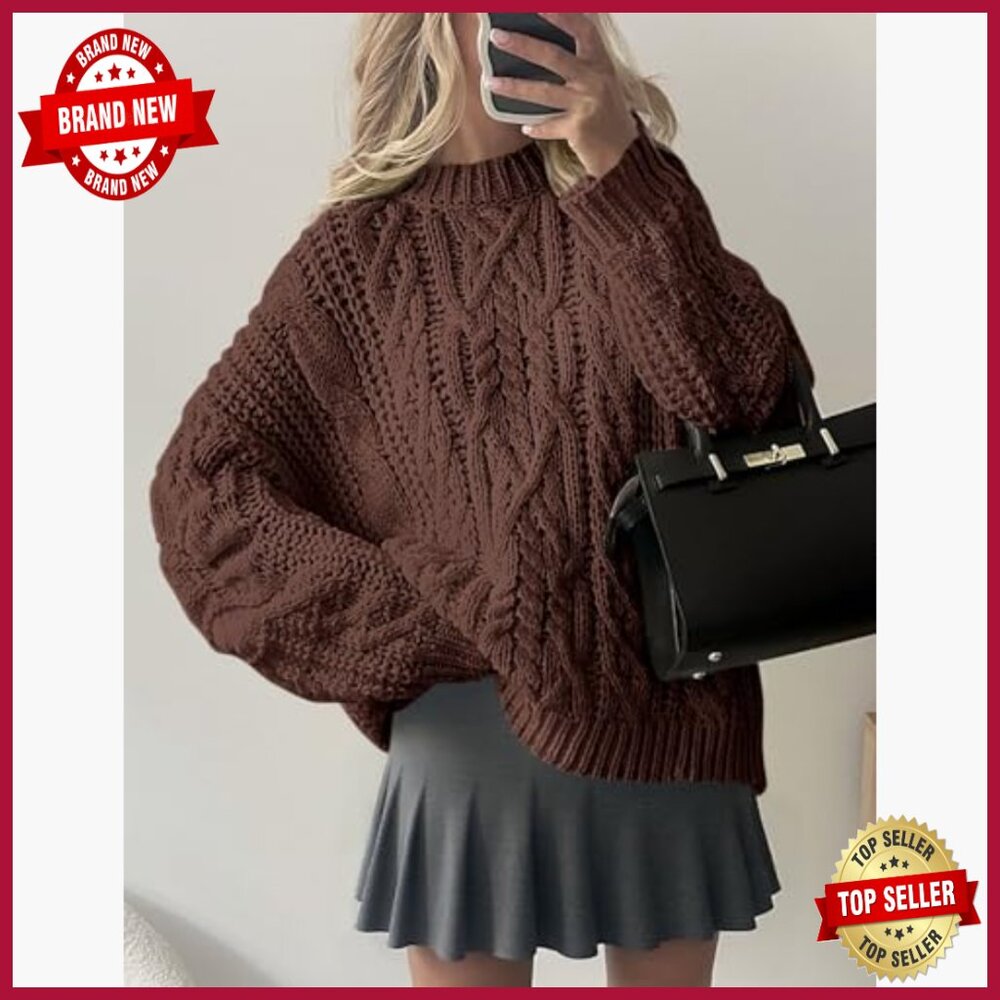Oversized Cable Knit Pullover Sweater, Chunky Winter Crewneck, Long Sleeve - Picture 6 of 7